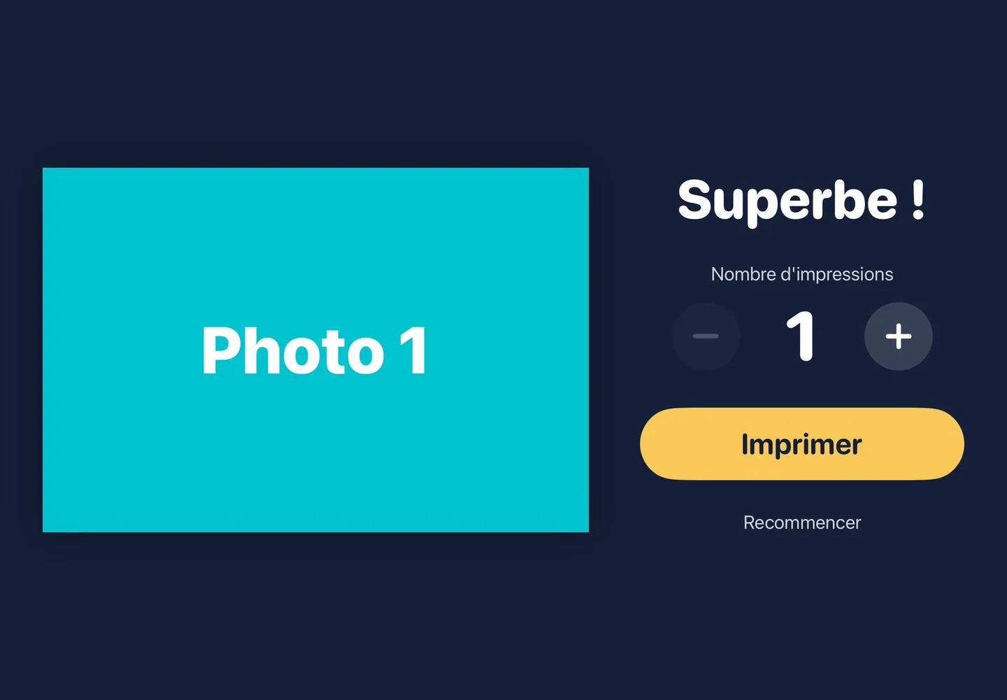 End-of-session screen: photo preview, number of prints and Print button