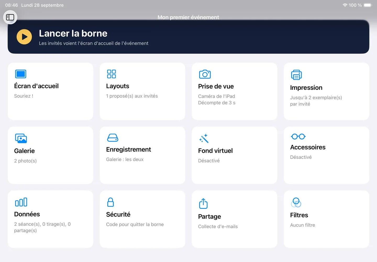 Event dashboard: welcome screen, layouts, capture, printing, gallery, sharing and other settings