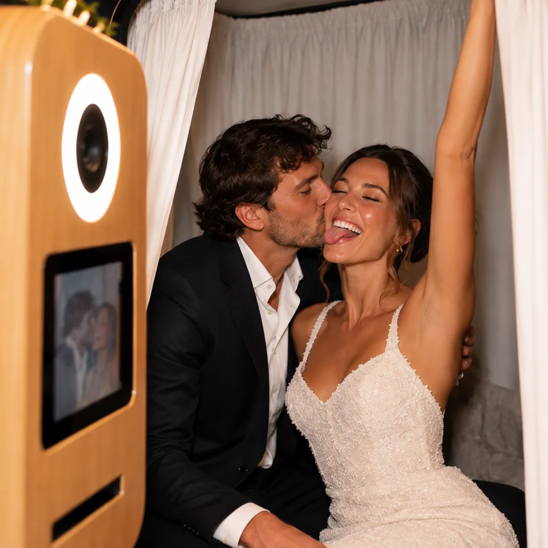 The newlyweds laughing and kissing in front of the photo booth