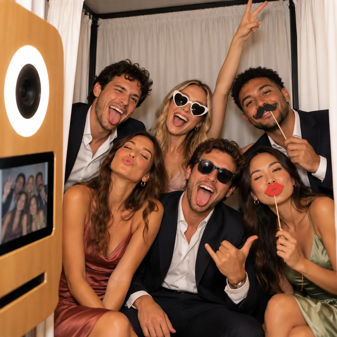 Guests with sunglasses, a mustache and paper lips in front of the booth