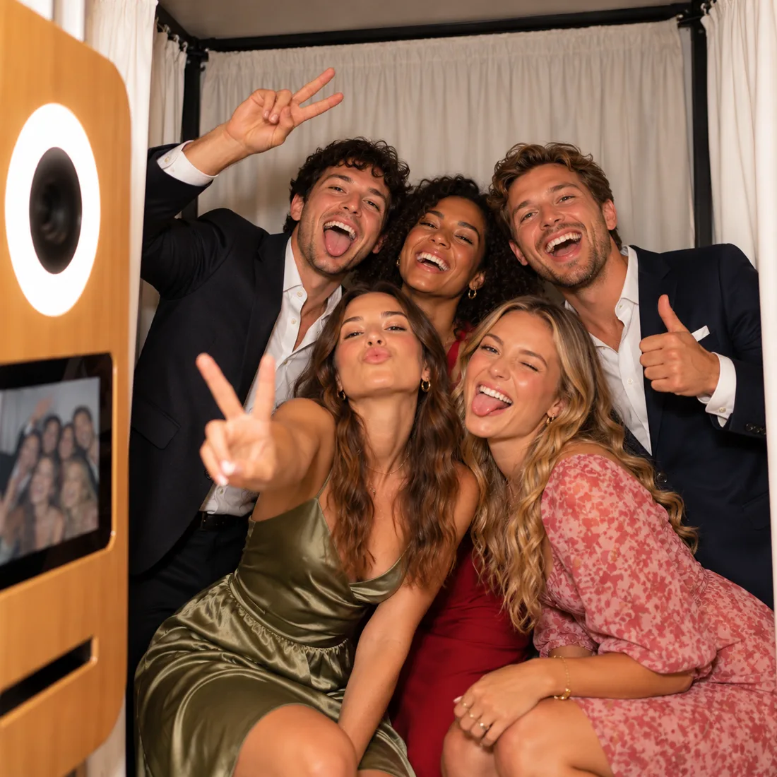 Five friends pulling faces in front of the photo booth