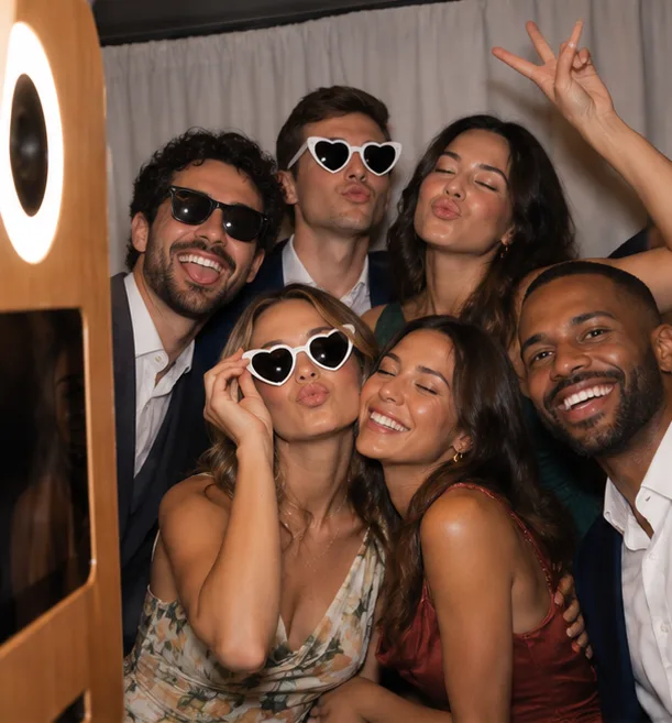 Guests in heart-shaped glasses blowing kisses